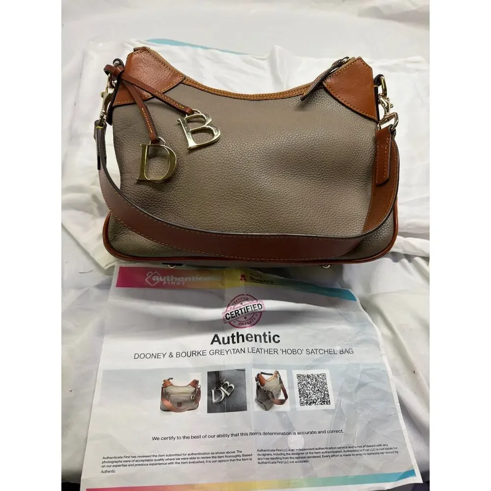 Dooney & Bourke Taupe Grey Nylon & Cognac Leather Hobo Crossbody Bag
